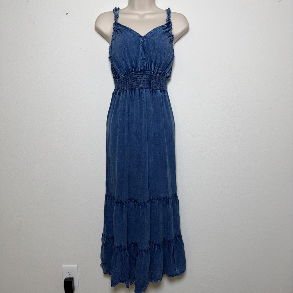 Lapogee Women Babydoll Maxi Denim Dress XL Tiered Boho Fairy Grunge Indie Sleaze